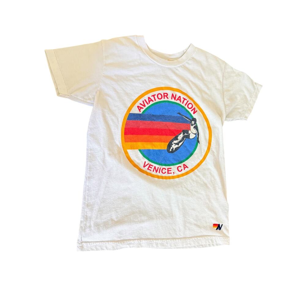 Aviator Nation Kids White Venice Surfer Circle T-Shirt sz 10
